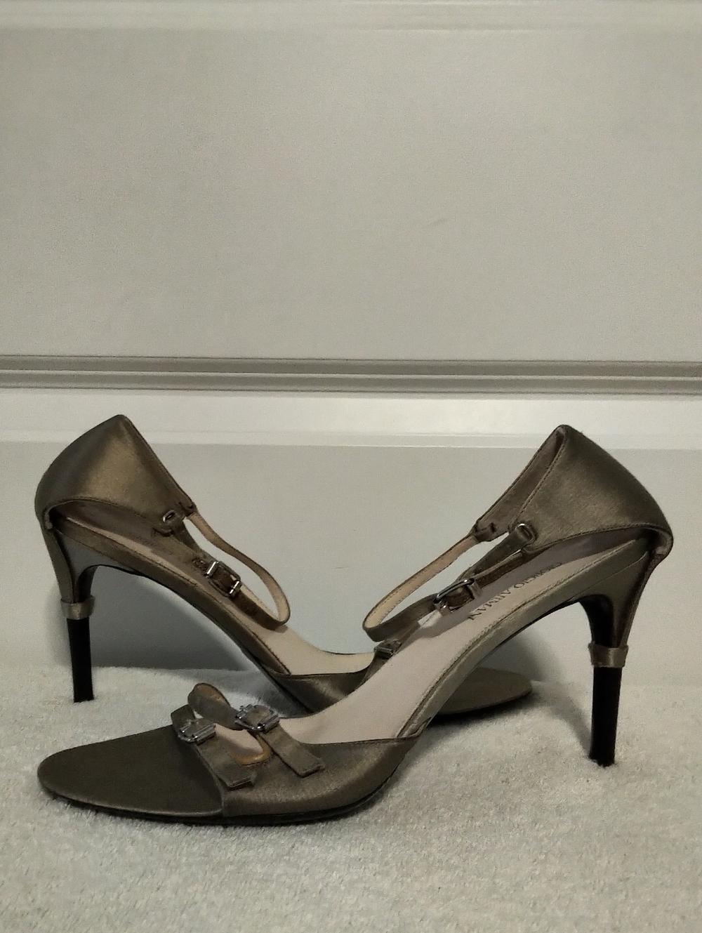 Giorgio Armani Metallic Taupe Open-Toe Mary Jane Heels-Size 39